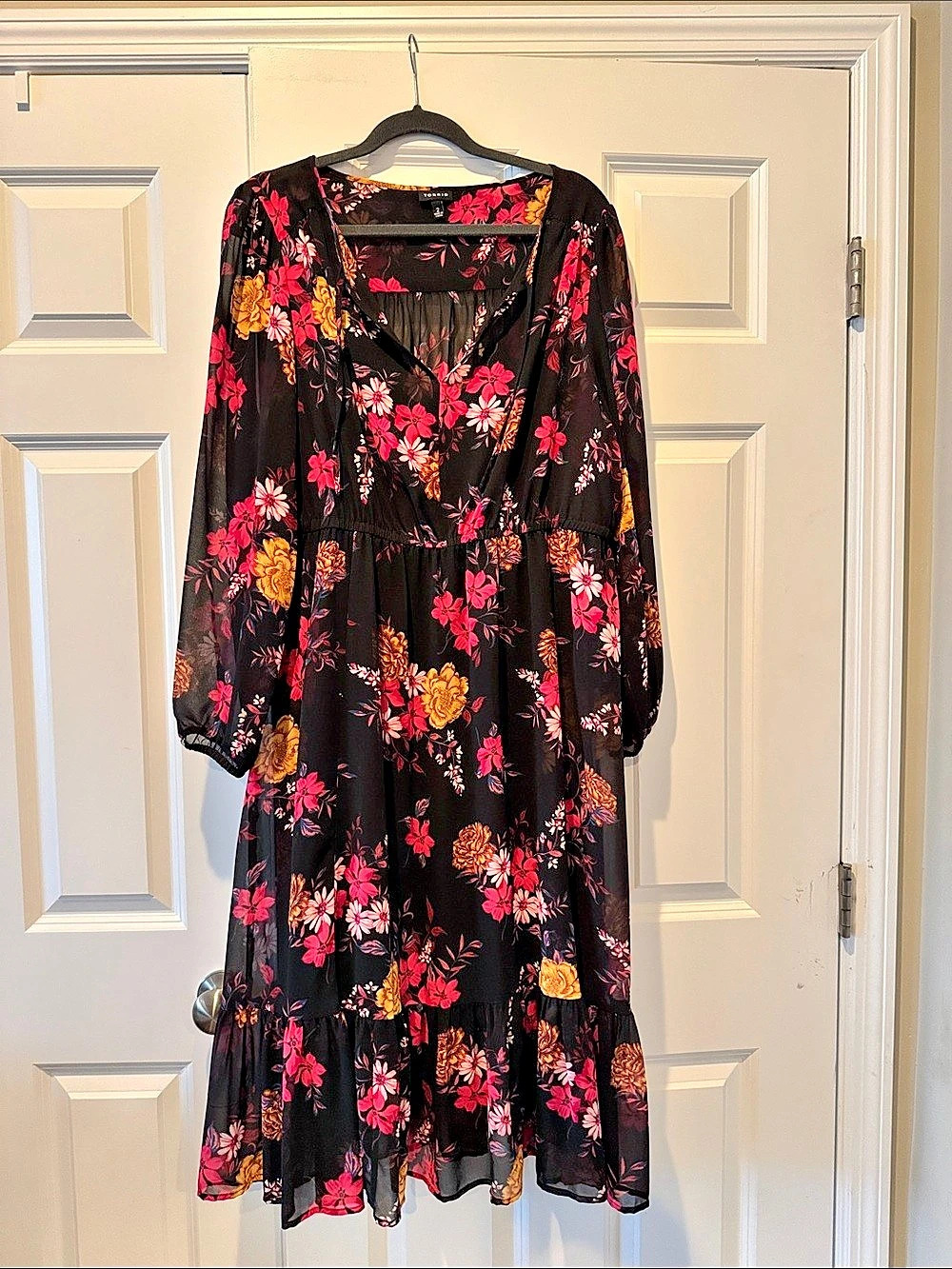Torrid Smocked Bodice Tiered Midi Dress Black & Pink Size 2
